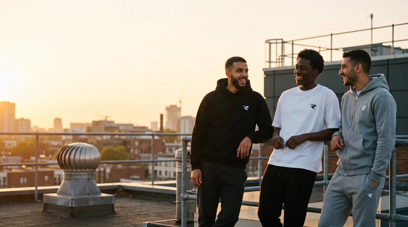 Trois amis en tenues RITMEN sur un toit au coucher du soleil