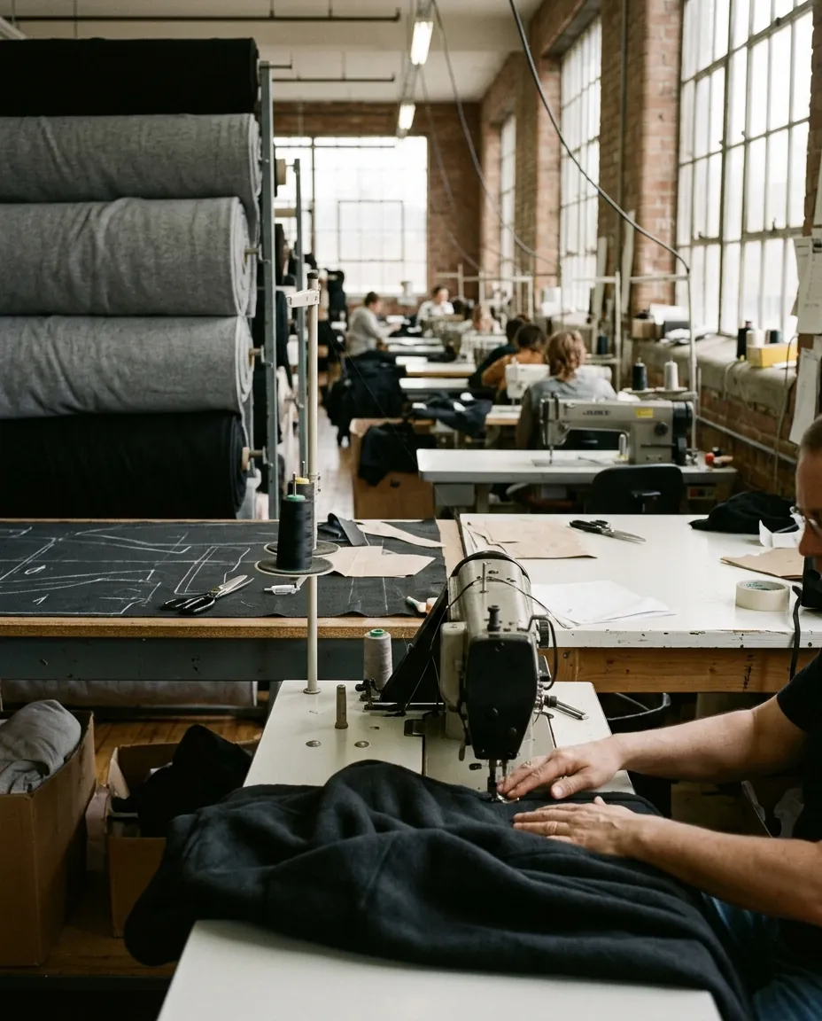 Bright brick-walled garment workshop: rolls of grey and black fleece, a cutting table with a chalked pattern, a machinist working on a black piece