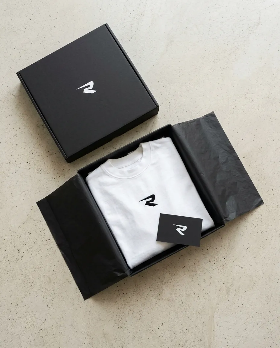 White t-shirt embroidered with an R folded in an open black box, with black tissue paper, a lid and an R logo card on a concrete floor