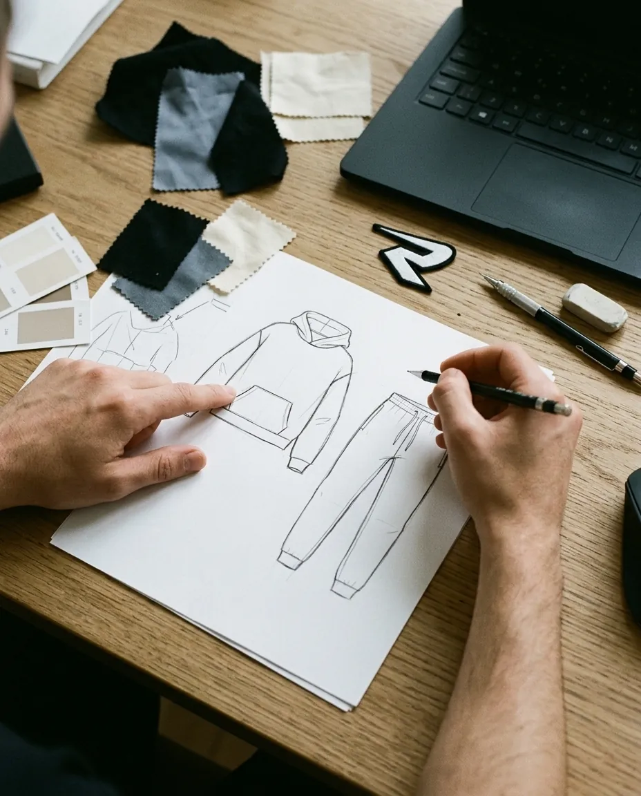 Pencil sketch of a hoodie and joggers on a wooden table, surrounded by black, grey and ecru fabric swatches and an R patch