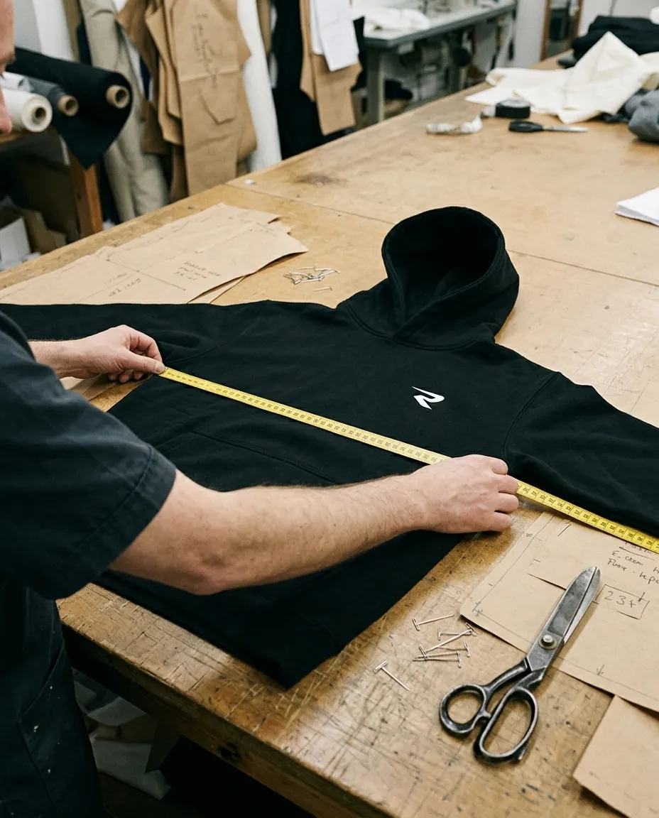 Black hoodie laid flat on a workshop table, measured with a tape, with kraft paper patterns and tailor's scissors