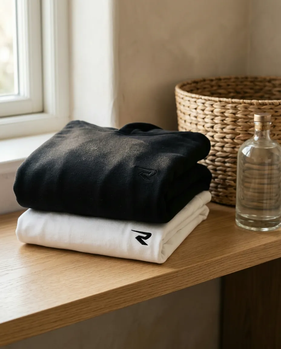 A black sweatshirt and a white t-shirt embroidered with an R, folded on a wooden shelf by a window, next to a woven basket