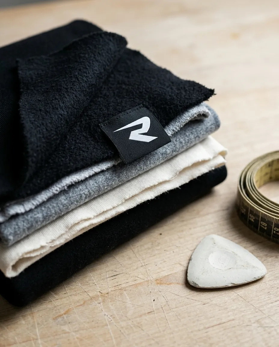 Stack of black and grey fleece and ecru and black jersey swatches with a woven R label, next to a tape measure and tailor's chalk