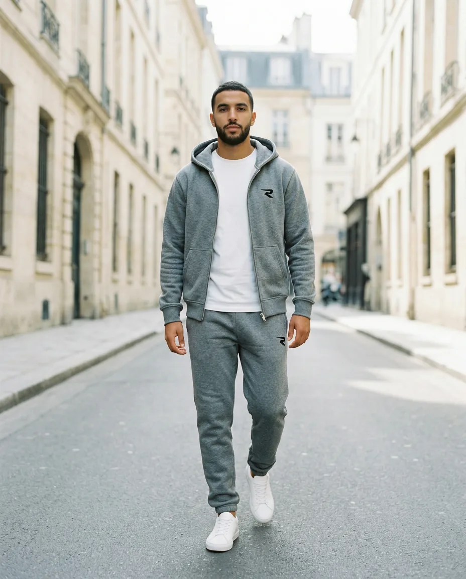 Ensemble Acier gris porté dans la rue