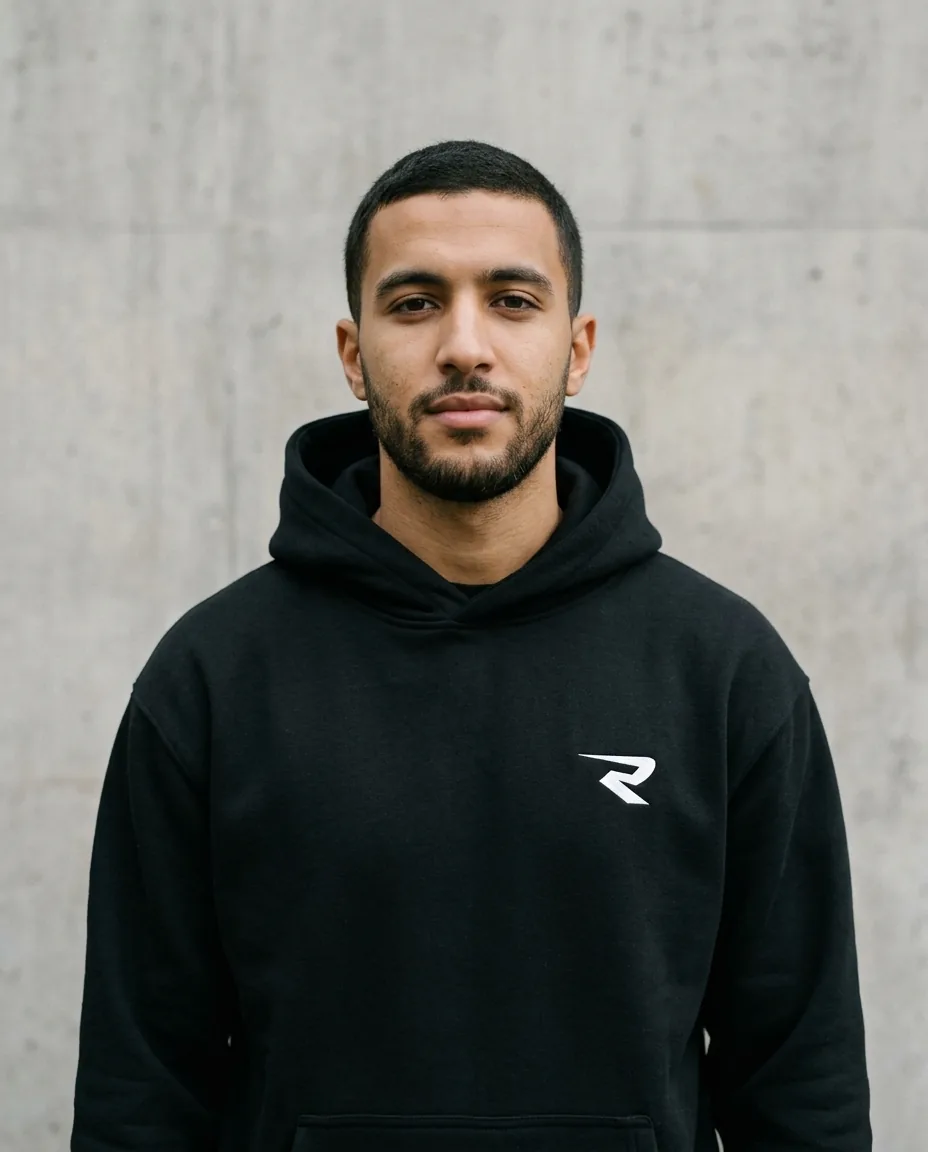 A man wearing the black R-01 Hoodie against a concrete wall
