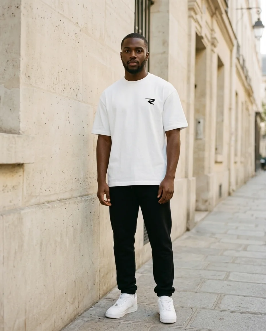 White Essential Tee worn in a Paris street